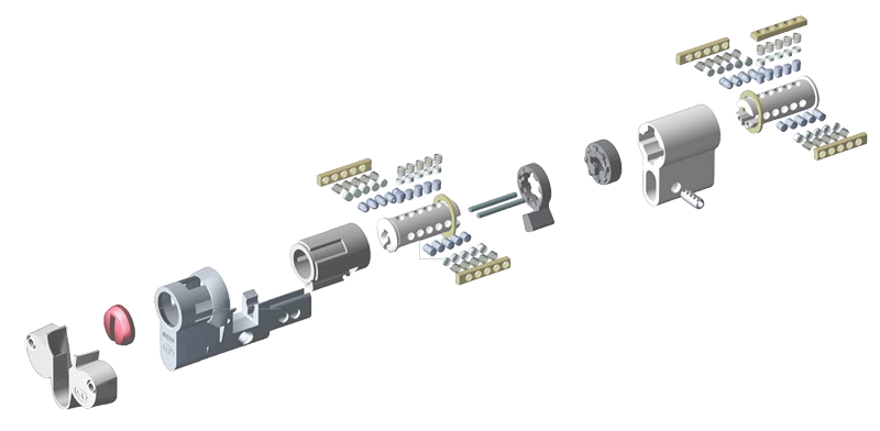 Componentes e vista explodida das fechaduras multiponto KESO Volper com tecnologia suíça para portas Projetta