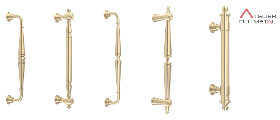 Puxadores clássicos em latão da linha Atelier du Metal com acabamentos variados e design ornamental