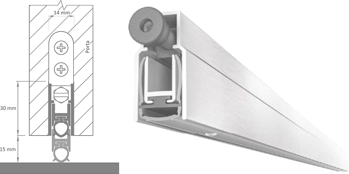 Imagem técnica do veda porta automático e sistema Q-Lon utilizados para vedação inferior e lateral de portas de alto padrão